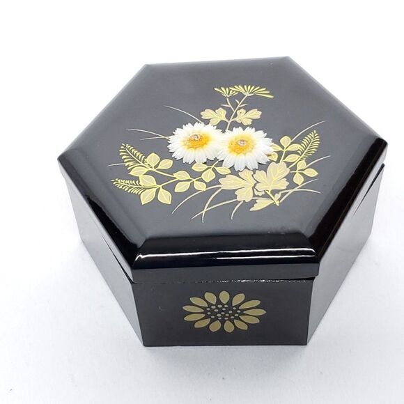 Vtg Black Laquer Trinket Jewelry Box Floral 3D Rhinestone Daisies Hexagon - Picture 1 of 5